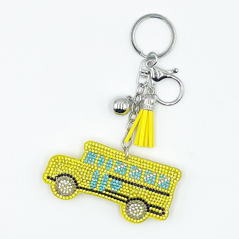 Yellow Rhinestone School Bus Keychain with Tassel – Cute Sparkly Bag & Backpack Charm