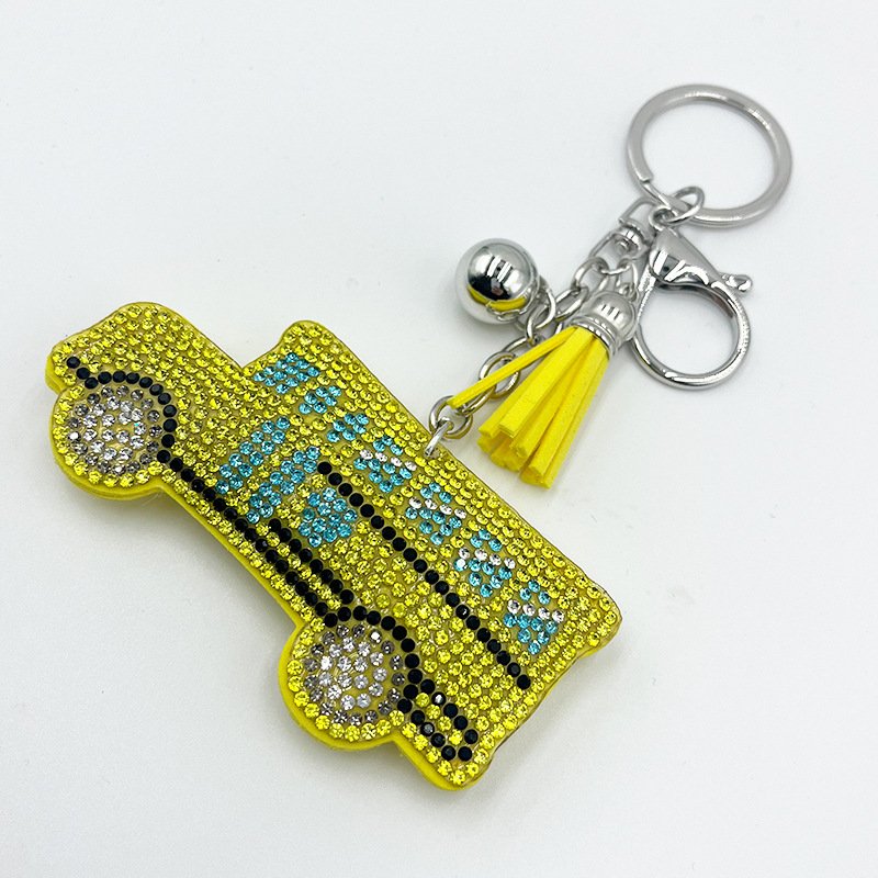 Yellow Rhinestone School Bus Keychain with Tassel – Cute Sparkly Bag & Backpack Charm