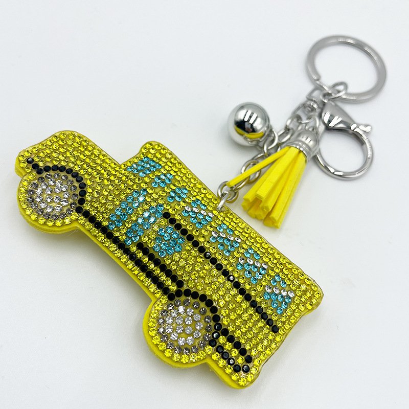 Yellow Rhinestone School Bus Keychain with Tassel – Cute Sparkly Bag & Backpack Charm