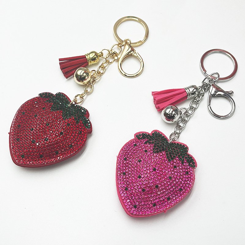Sparkly Strawberry Rhinestone Keychain with Tassel – Cute Bag & Purse Charm for Girls