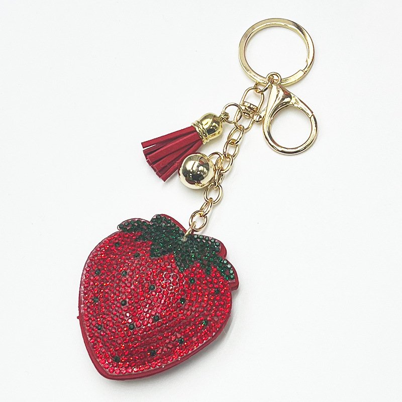 Sparkly Strawberry Rhinestone Keychain with Tassel – Cute Bag & Purse Charm for Girls