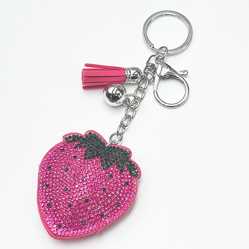 Sparkly Strawberry Rhinestone Keychain with Tassel – Cute Bag & Purse Charm for Girls