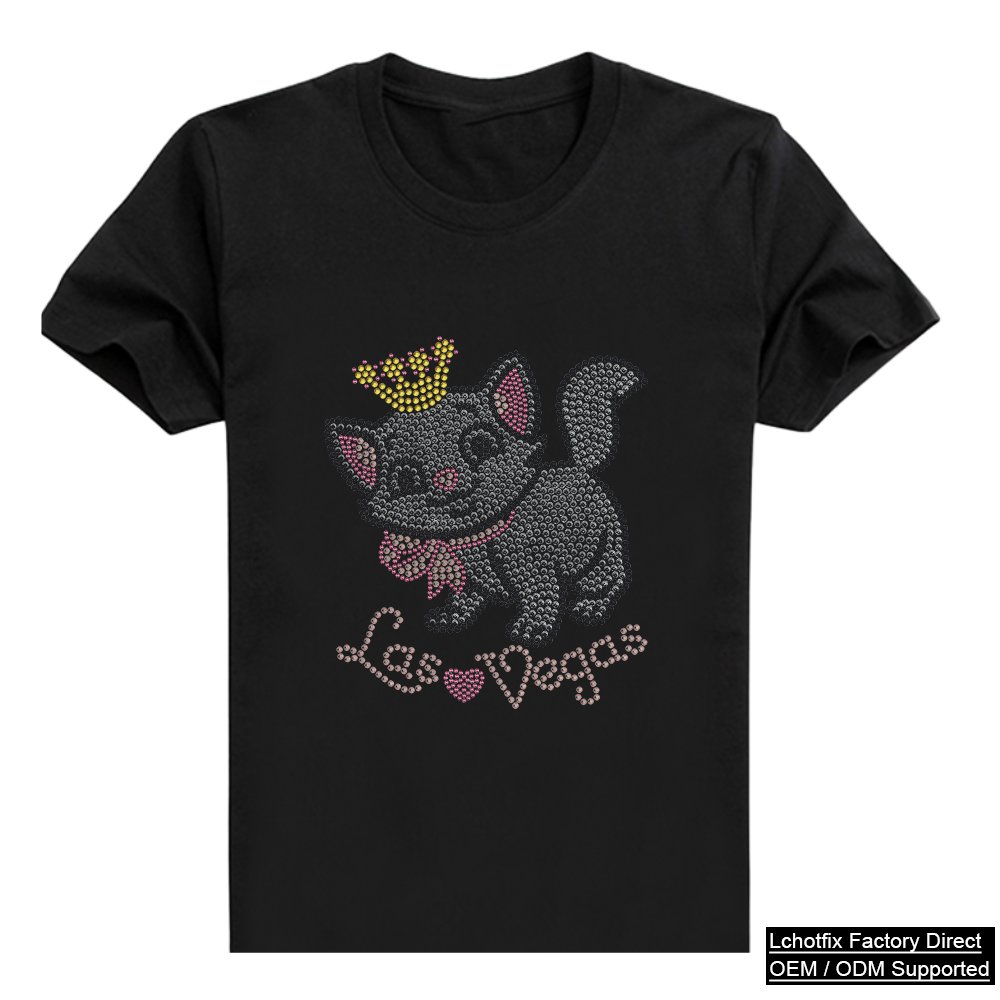 Cute Crown Cat Rhinestone Heat Transfer T-Shirt – Custom Bling Crystal Cartoon Tee OEM Factory Supply