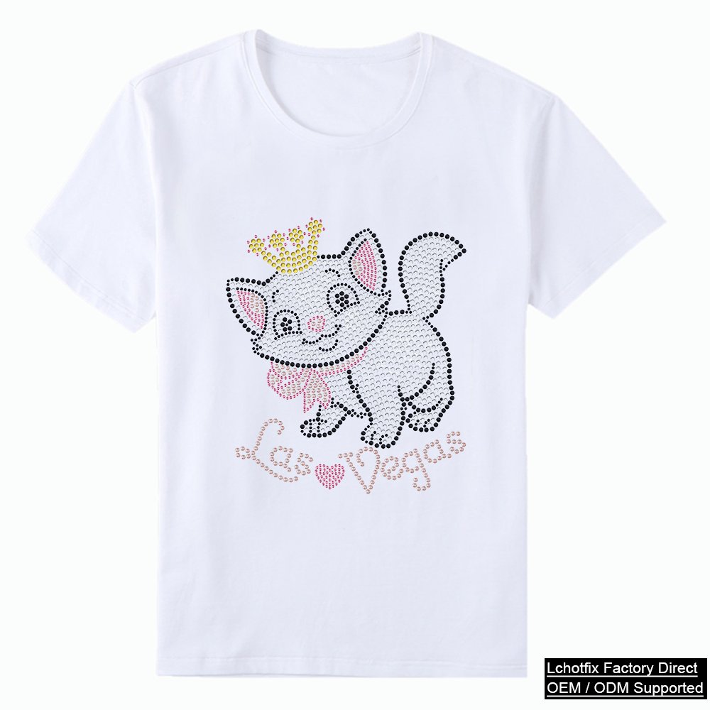 Cute Crown Cat Rhinestone Heat Transfer T-Shirt – Custom Bling Crystal Cartoon Tee OEM Factory Supply