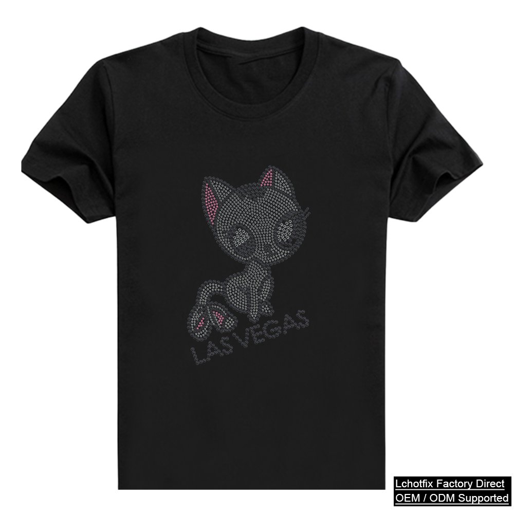 Cute Cat Rhinestone Heat Transfer T-Shirt – Las Vegas Crystal Cartoon Tee OEM Factory Supply