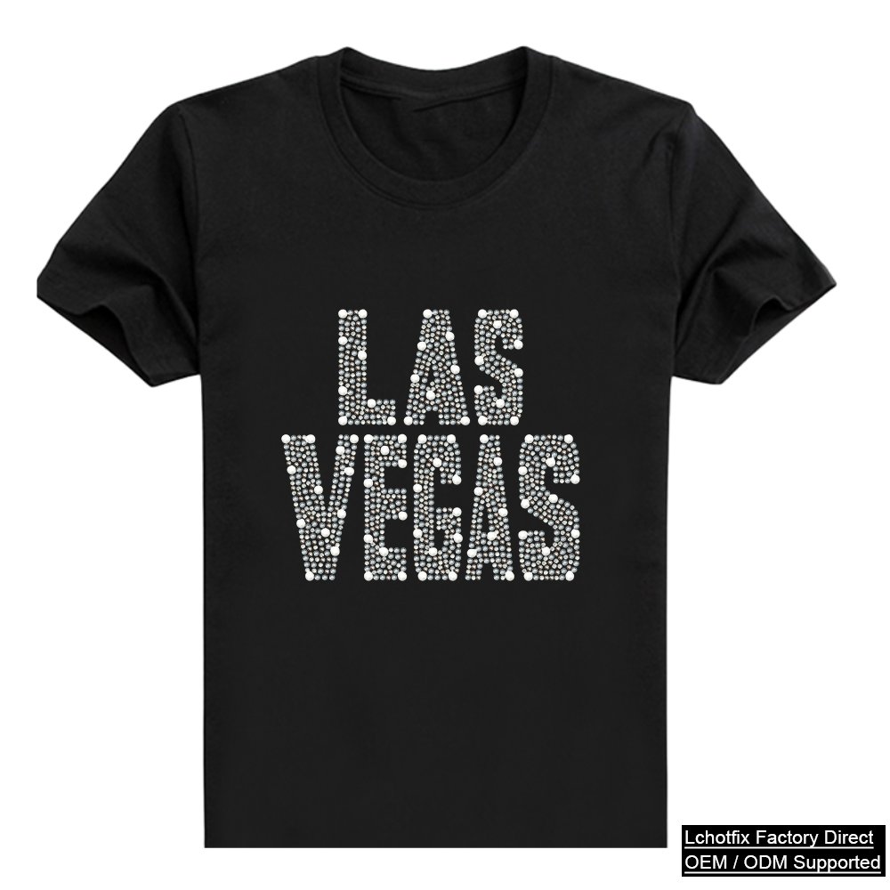LAS VEGAS Full Crystal Letter Rhinestone T-Shirt – Minimal City Series Bling Tee OEM Factory Supply