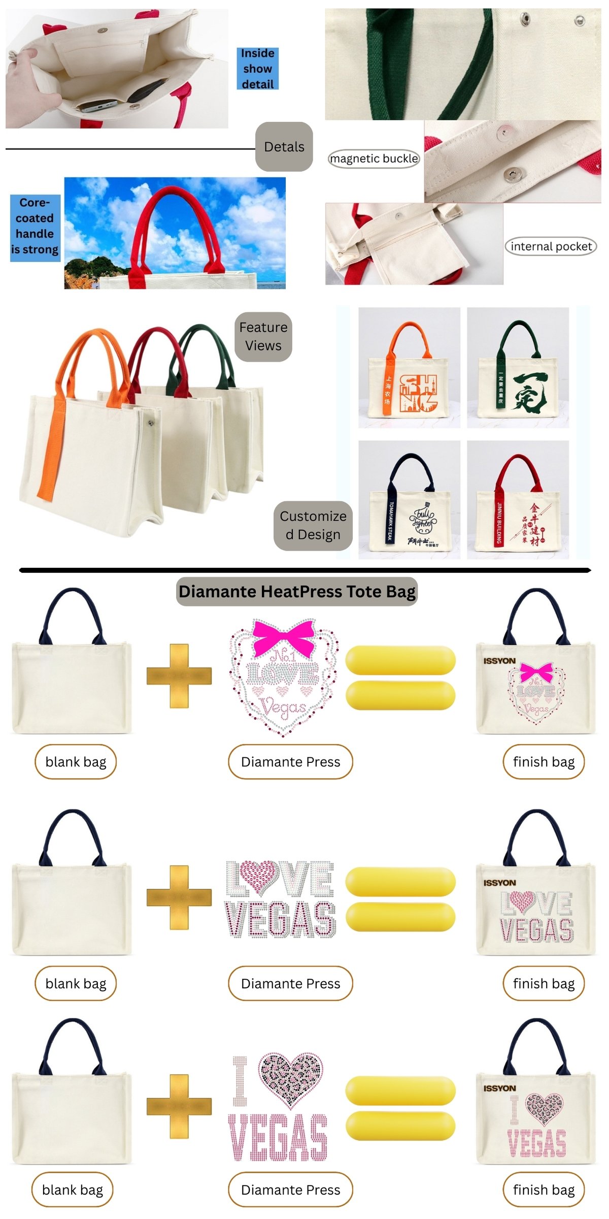 Custom Rhinestone Canvas Tote Bag – Love Vegas Crystal Logo Shoulder Handbag | OEM Factory Supply - Company Profile Image 1